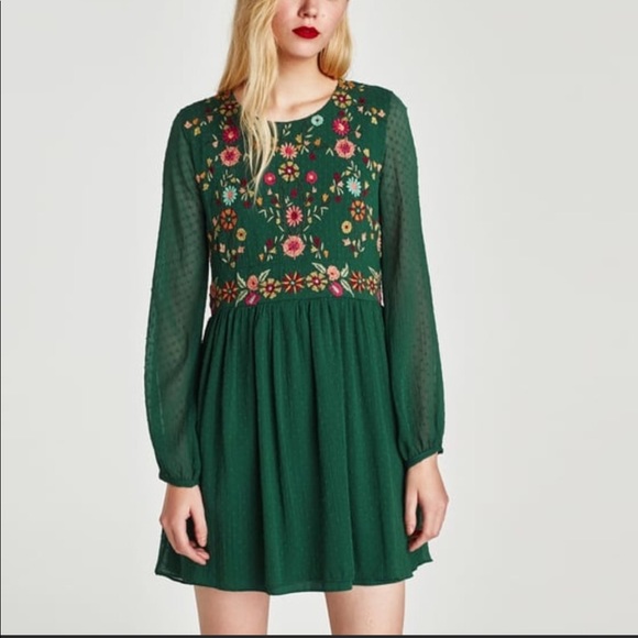 Zara Dresses & Skirts - TRAFALUC Zara Green Embroidered Dress